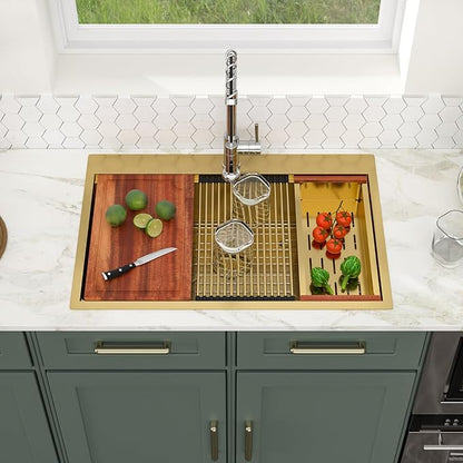 Logmey 33 Inch Gold Kitchen Sink 33x22 Drop in Sink 16 Gauge Stainless Steel Single Bowl Sinks,33x22x9