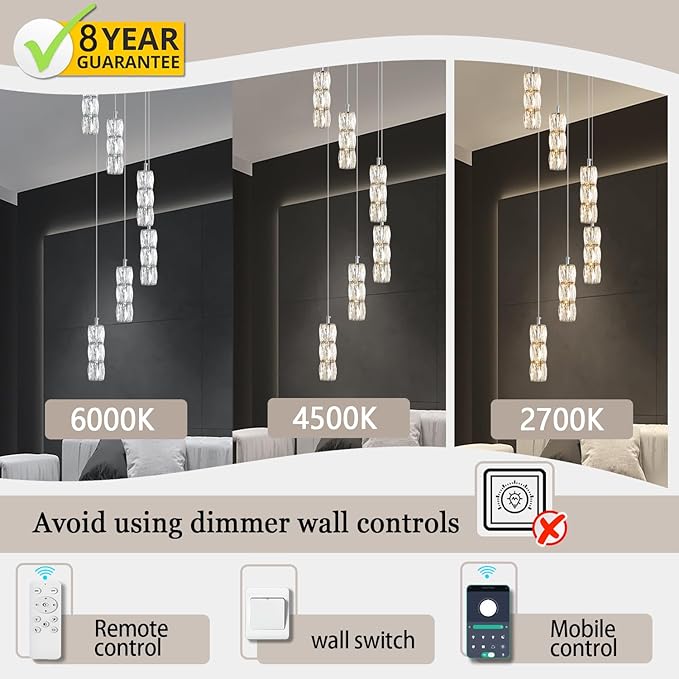 ykolupty H78 Pendant Lights Kitchen Island 6-Lights Pendant Chandelier for Dining Room Hallway Stairwell,LED Dimmable 2700K-6000K (Silver Chandelier)