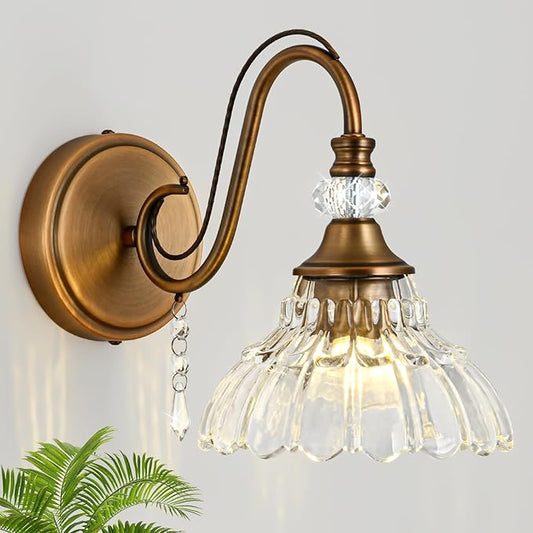 1 Piece Vintage Wall Sconce, 1-Light Matte Antique Brass Finish Wall Sconce with Hanging Crystal Accents and Flower-Shaped Clear Shades for Bathroom Bedroom Living Room,Vintage Vanity Light