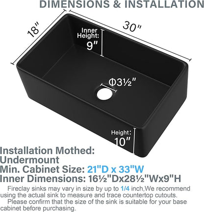 Black Farmhouse Sink 30 x 18 Inch, Firecaly Apron Front Undermount Farm Sink, Heavy Duty Single Bowl, with Accessories 2 Types, Matte Black, for Kitchen