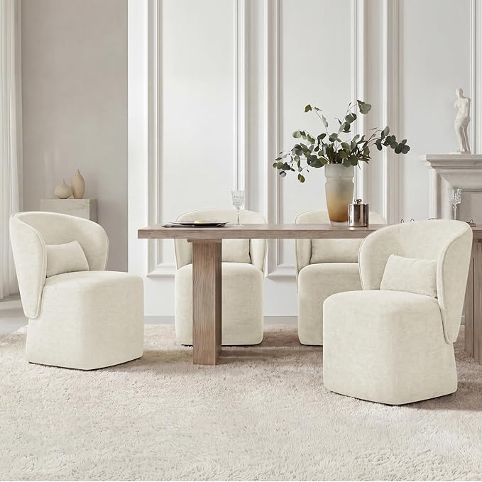 KISLOT Upholstered Dining Chairs with Wheels, Easy Assembly Stain Resistant Fabric Modern Barrel Armchair with Lumbar Cushion, Dining Room Chairs for Kitchen Living Room Bedroom, Beige, Set of 4