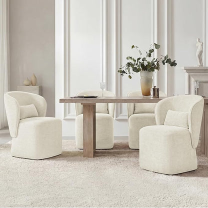 KISLOT Upholstered Dining Chairs with Wheels, Easy Assembly Stain Resistant Fabric Modern Barrel Armchair with Lumbar Cushion, Dining Room Chairs for Kitchen Living Room Bedroom, Beige, Set of 2