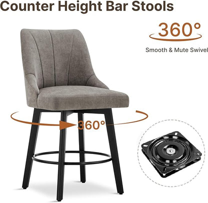24" Counter Height Bar Stools Set of 4, Swivel Bar Stools with Backs, Fabric Upholstered Counter Barstools with Solid Wood Legs for Kitchen Island,Grey