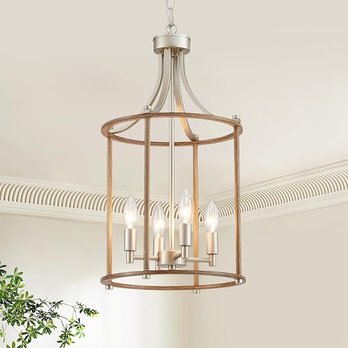 XINGQI Farmhouse Chandeliers for Dining Room,4 Light Nickel Wood Grain Finish Hanging Lantern Pendant Lighting Fixture for Staircase Foyer Kitchen Island Dinning Room Living Room