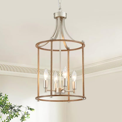 XINGQI Farmhouse Chandeliers for Dining Room,4 Light Nickel Wood Grain Finish Hanging Lantern Pendant Lighting Fixture for Staircase Foyer Kitchen Island Dinning Room Living Room