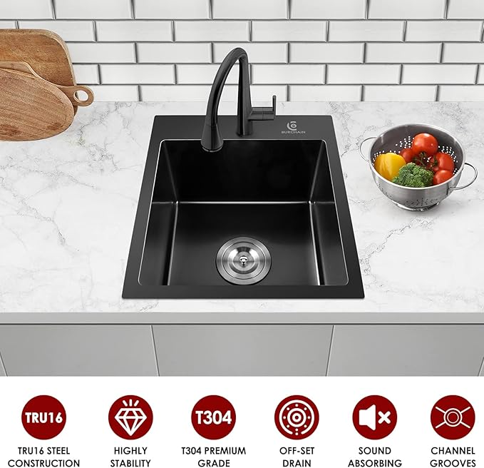17 x 15 Inch Drop in Kitchen Sink Top mount Bar Sink 16 Gauge Stainless Steel Single Bowl Workstation with Sink Protector (Black)