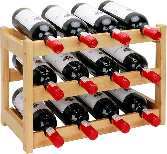 Bamboo Wine Rack, 3-Tier 12 Bottles Wine Storage Cabinet Shelf, Easy-Assembly Freestanding Bamboo Wine Racks Countertop for Kitchen Pantry Dining Room Bar, Natural