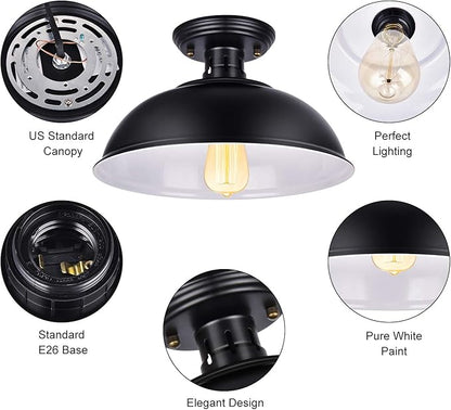 Vintage Rustic Semi Flush Mount Light, Farmhouse Black Ceiling Fixture, Industrial Lights for Hallway, Stairway, Foyer, Kitchen, Porch, Entryway (2 Pack)
