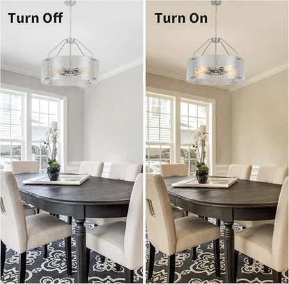 Glass Drum Chandelier for Dining Room 20'' Brushed Nickel Living Room Light Fixture 5-Light Kitchen Chandeliers Over Table Bedroom Light Fixture for Dining Room Hallway Foyer Kitchen