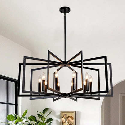 Black Chandelier for Dining Room,10-Light Kitchen Chandelier Light Fixture Modern Farmhouse Geometric Metal Hanging Industrial Chandeliers for Entryway Kitchen Island Foyer Lighting Fixtures