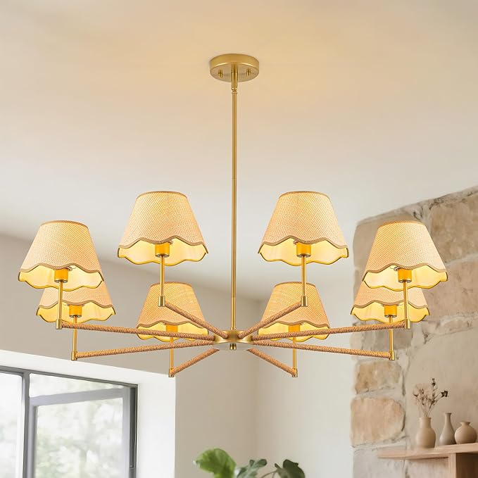 MAYNA 42” Large Rattan Chandelier, 8-Light Rustic Farmhouse Pendant Light with Wicker Lamp Shades, Modern Dining Room Chandelier, Adjustable Brass Chandelier for Kitchen Island, Dining Room