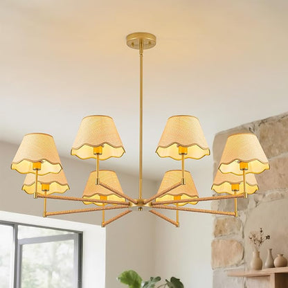 MAYNA 42” Large Rattan Chandelier, 8-Light Rustic Farmhouse Pendant Light with Wicker Lamp Shades, Modern Dining Room Chandelier, Adjustable Brass Chandelier for Kitchen Island, Dining Room