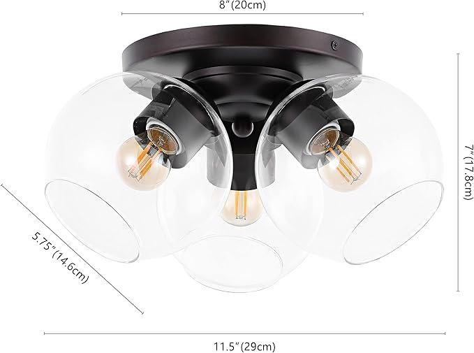 JONATHAN Y 11.5" Oil Rubbed Bronze 3-Light Semi Flush Mount Ceiling Light, Farmhouse Rustic Iron Fixture for Kitchen Bedroom, Clear Glass Shade, LED Bulbs Included JYL7568A