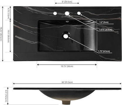 JONATHAN Y SNK1003D Ancillary 3-Hole 36 in. W x 18.25 in. D Classic Contemporary Rectangular Ceramic Single Sink Basin Vanity Top, Black Marble Effect
