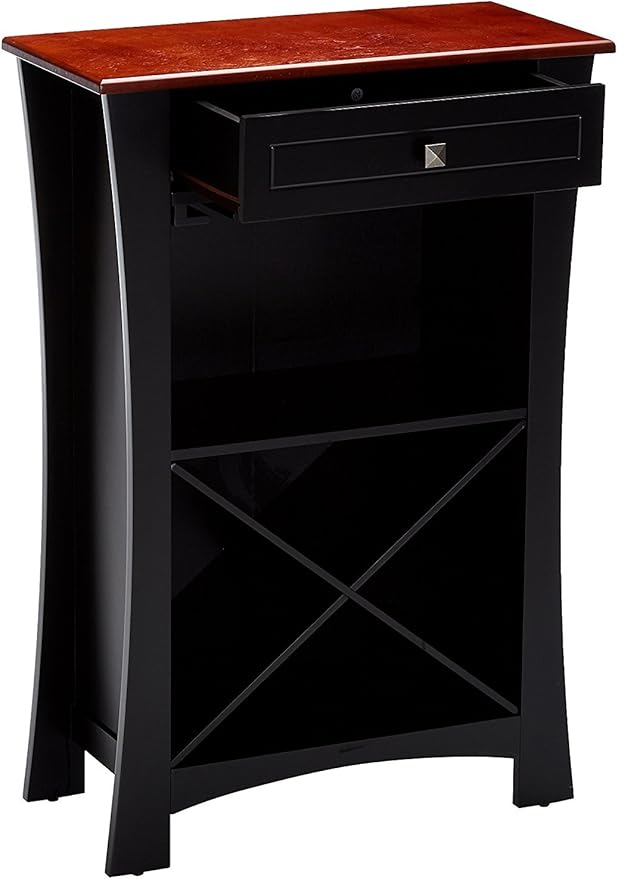 Kings Brand Hiland Bar Cabinet Wine Storage With Glass Holders & Drawer, Black, Black