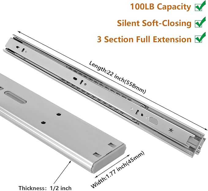 LONTAN Soft Close Drawer Slides 22 Inch Side Mount Heavy Duty Cabinet Drawer Glides 10 Pairs - Ball Bearing Full Extension Kitchen Cabinet Rails 100 LB Capacity