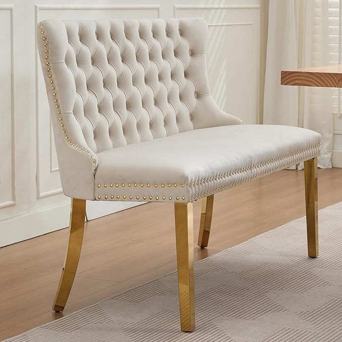 45.6in Upholstered Dining Bench, Mid-Century Modern Kitchen Room Bench with Tufted Back and Metal Legs, Velvet Small Sofa Couch Banch, Beige