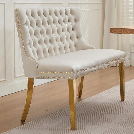 45.6in Upholstered Dining Bench, Mid-Century Modern Kitchen Room Bench with Tufted Back and Metal Legs, Velvet Small Sofa Couch Banch, Beige