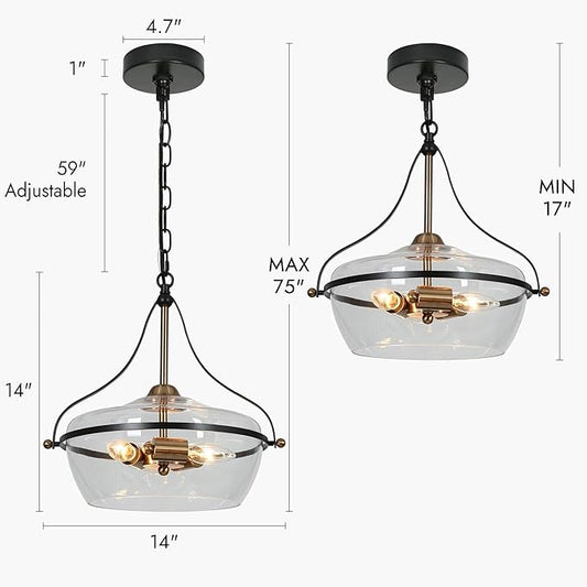 KSANA Black and Gold Chandelier, 3-Light Mid-Century Modern Pendant Lighting Fixture with Clear Glass and Electroplated Brass Accents for Dining Room, Kitchen and Bedroom
