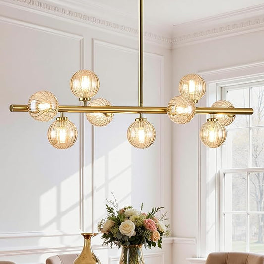 Mid Century Modern Glass Globe Sputnik Chandelier, 9-Light Linear Chandeliers for Dining Room, Kitchen Island, Living, Dining Light Fixture Over Table, Brass Gold and Amber Bubble, 40 Inch