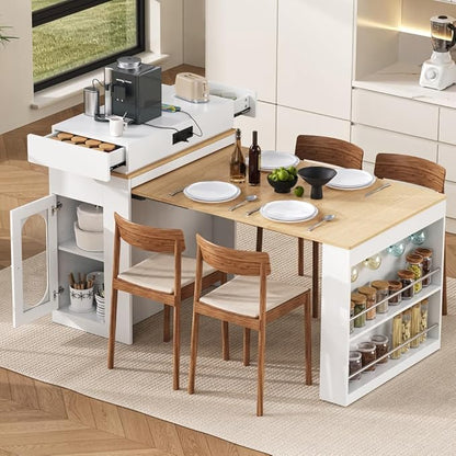 Modern Extendable Dining Table with Folding Tabletop, Kitchen Island with Built-in Outlet & Wheels, Sideboard Buffet Cabinet with Drawers for Dining Room