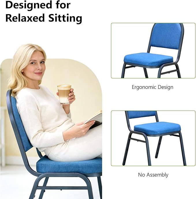 Stackable Banquet Dining Chairs 4 Pack, Upholstered Crown Back Event Chairs with Blue Fabric Seat, Heavy Duty Steel Frame, 300 lb Capacity, No Assembly, for Restaurant Wedding Conference