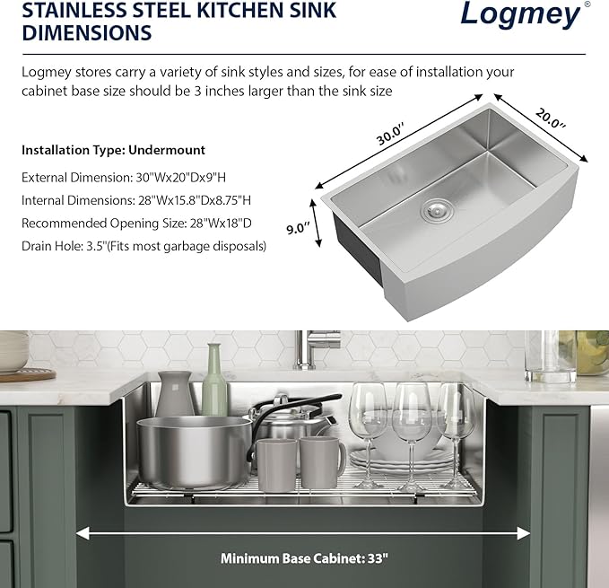 Logmey 30 In Farmhouse Sink - 30x20 Inch Stainless Steel Farmhouse Kitchen Sinks 16 Gauge Apron Front Sink Single Bowl Farm Sink 30x20x9 Inches Kitchen Sink