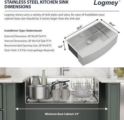 Logmey 30 In Farmhouse Sink - 30x20 Inch Stainless Steel Farmhouse Kitchen Sinks 16 Gauge Apron Front Sink Single Bowl Farm Sink 30x20x9 Inches Kitchen Sink