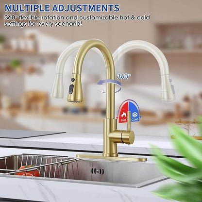 Brushed Gold Kitchen Faucets with Pull Down Sprayer, High Arc Single Handle Stainless Steel 1 or 3 Hole Utility Modern Faucet for Kitchen Sink, Suitable for Bar Laundry RV Farmhouse Camper