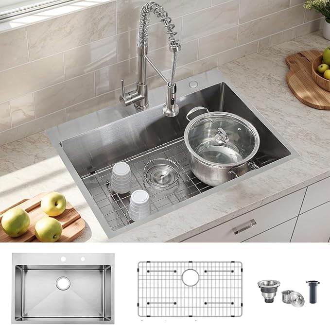 Comllen 33 x 22 inch Drop in Kitchen Sink, 33 inch Topmount Stainless Steel Sink, 18 Gauge T304 Single Bowl Kitchen With Grid and Strainer