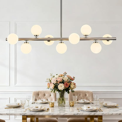 Mid Century Modern Globe Sputnik Chandelier, 9-Light Linear Chandeliers for Dining Room and Kitchen Island, Dining Light Fixture Over Table, Nickel and Milk White Glass Bubble, 40 Inch