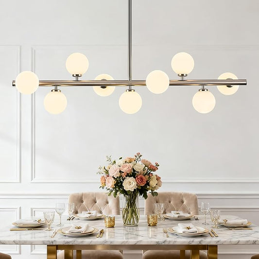 Mid Century Modern Globe Sputnik Chandelier, 9-Light Linear Chandeliers for Dining Room and Kitchen Island, Dining Light Fixture Over Table, Nickel and Milk White Glass Bubble, 40 Inch