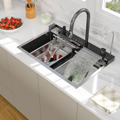 30 Inch Waterfall Kitchen Sink - Beslend 30x19 Drop In Waterfall Sink Workstation Smart Sinks 16 Gauge Stainless Steel Single Bowl Basin with Faucet Combo