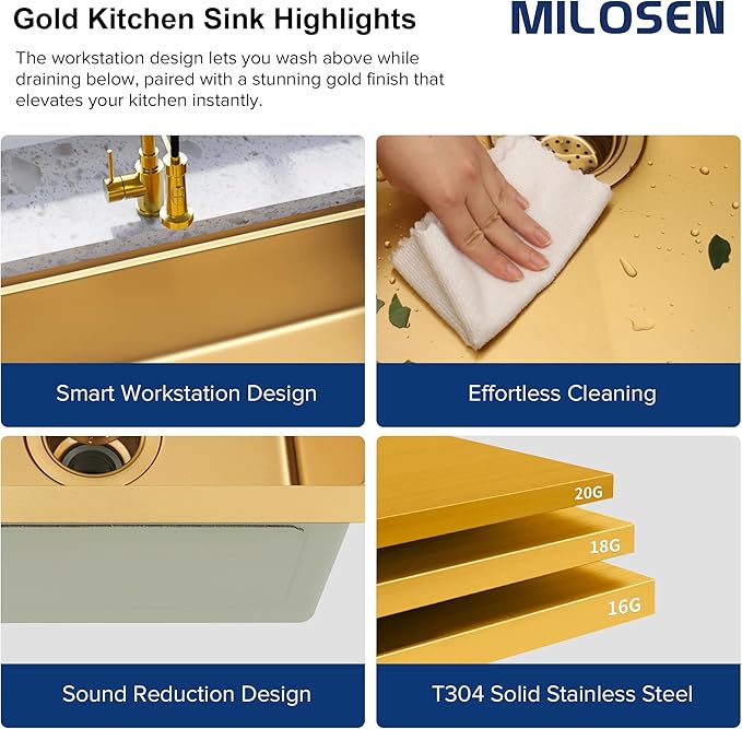 MILOSEN Gold RV Kitchen Sink, Stainless Steel Farmhouse Apronfront Kitchen Sinks, 23×16 inch Undermount RV Sink, Small Single bowl Laundry Apron Sink, 7 inch Depth Outdoor Camper Sinks