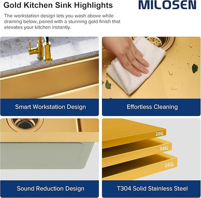 MILOSEN 30 Inch Gold Undermount Kitchen Sink, 30" x 18" Gold Stainless Steel Sinks, Single Bowl Workstation Sink with Custom Accessories, Modern Under Counter Design, 9'' Large and Deep Kitchen Sinks