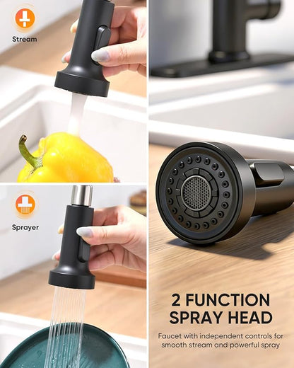 OWOFAN Black Kitchen Faucet with Pull Down Sprayer Stainless Steel Commercial Single Handle Classic Spring Pull Out Kitchen Sink Faucet for Pot Filler Farmhouse Camper Bar Laundry Room 866080R