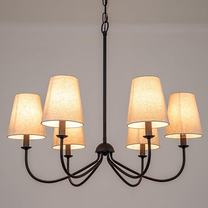 Chandelier, Matte Black with Linen Fabric Shade, 6-Light 28" Modern Farmhouse Linear Pendant Lighting Fixture for Kitchen Island (Black)