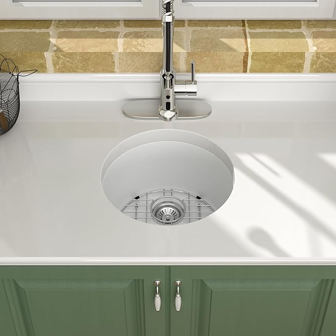 Logmey 18" Round Bar Sink White Granite Composite Quartz Undermount RV Sink Single Bowl Under Counter 9" Deep Kitchen Sinks,18x18x9 Inch