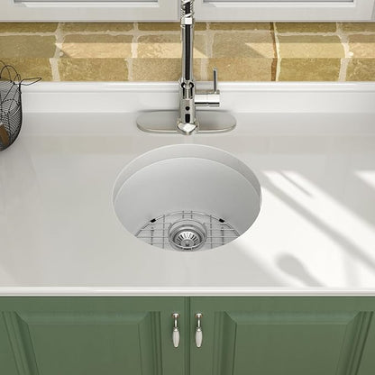 Logmey 18" Round Bar Sink White Granite Composite Quartz Undermount RV Sink Single Bowl Under Counter 9" Deep Kitchen Sinks,18x18x9 Inch