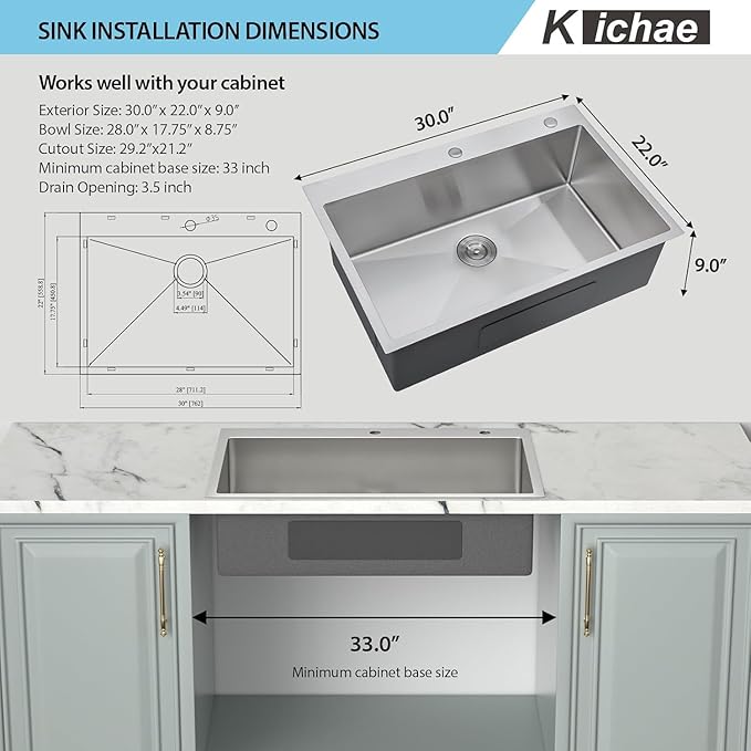 Kichae 30 Inch Drop In Kitchen Sink - Stainless Steel Kitchen Sinks 30x22x9 Inch Topmount Overmount Single Bowl Handmade Basin