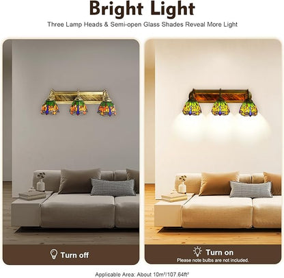 Retro Dragonfly Wall Sconce Lamp Victorian Decor Lamp 3-Light Vanity Light Fixtures Stained Glass Style Decorative Wall Lamp for Bathroom Bedroom Living Room Hotel