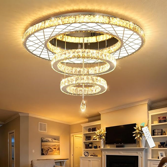 32"W Modern Chandeliers Living Room Light Crystal Flat Mounted Ceiling Lights Dining Room Light Bedroom Ceiling Drop Lighting Fixture Remote Dimmable Lights Bright Light with Dimming Night Light LED