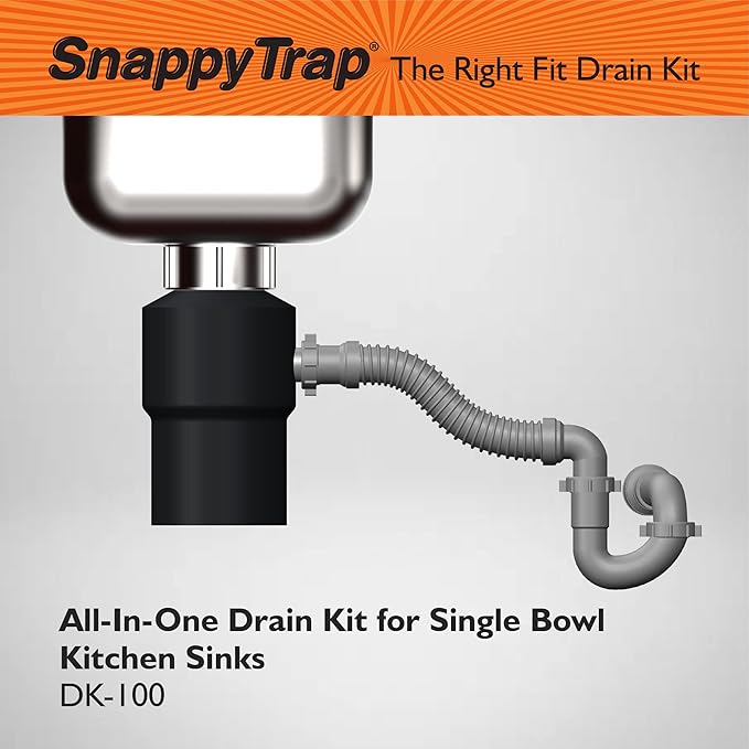 Snappy Trap Single Kitchen Sink Drain Kit, 1-1/2" with Flexible P-Trap, All-in-One Drain Kit for Single Bowl Kitchen Sinks, Universal Compatibility, No-Tool Easy Installation (DK-100 Silver)