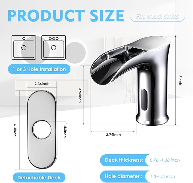 Automatic Sensor Touchless Waterfall Bathroom Sink Faucet, Modern Electronic Sensor Lavatory Faucet, Chrome Hands Free Vanity Faucets with Control Box and Temperature Mixer