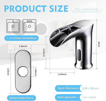 Automatic Sensor Touchless Waterfall Bathroom Sink Faucet, Modern Electronic Sensor Lavatory Faucet, Chrome Hands Free Vanity Faucets with Control Box and Temperature Mixer