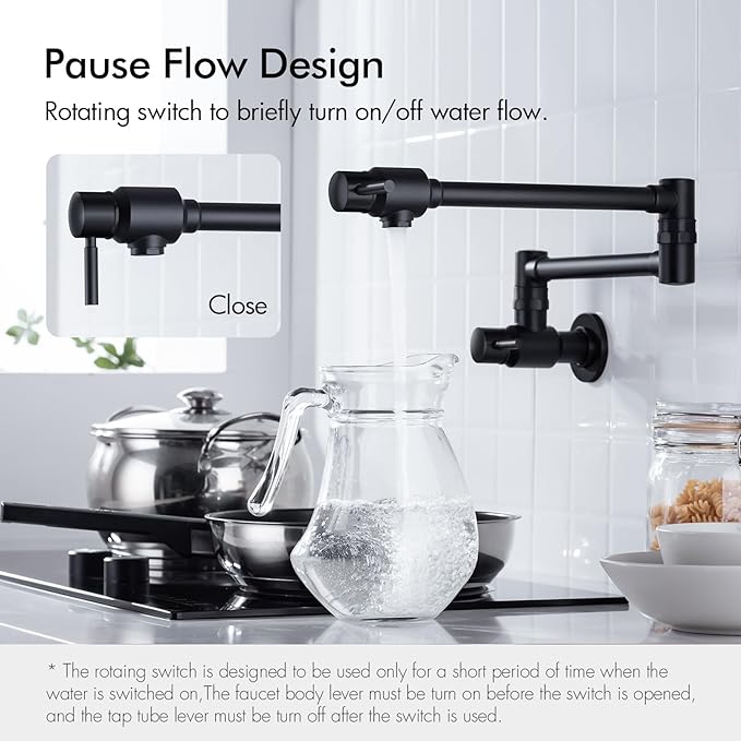 BAGNOLUX Pot Filler Faucet, Wall Mount Pot Filler Commercial Brass Kitchen Faucet Cold Water Only Double Lever Handle with Dual Joint Swing Arm Brass Stove Faucet, Matte Black, 23.4''