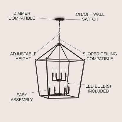 JONATHAN Y 20" Oil Rubbed Bronze Lantern Pendant Light, 8-Light Pagoda Style Metal Cage Farmhouse Hanging Ceiling Fixture for Kitchen Island, LED Bulb Included (JYL7438A)
