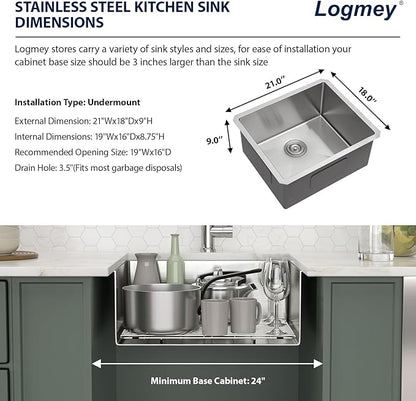 Logmey 21x18 Undermount Bar Sink,16 Gauge Heavy-Duty Stainless Steel Handmade Small Kitchen Sink,Scratch-resistant,Easy Clean,21x18x9 Single Bowl Utility Sink for RV & Prep Station