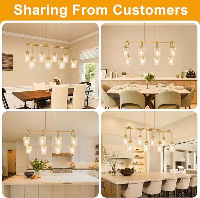 Dining Room Light Fixture/Chandelier Over Table (38inch, 8-Light), Brushed Gold Kitchen Island Lighting with Clear Glass Shade, Modern Hanging Pendant Lights Fixture for Kitchen Island, Dining Room