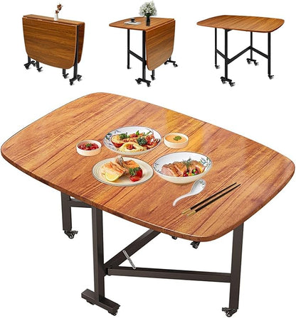 Multifunction Table Drop Leaf Dining Table 47.2×27.6/31.5×29.5in Wooden Foldable Kitchen Table with 6 Wheels (Brown) Folding Kitchen Table with Solid Wood Legs, Farmhouse Extendable Table for 8 People
